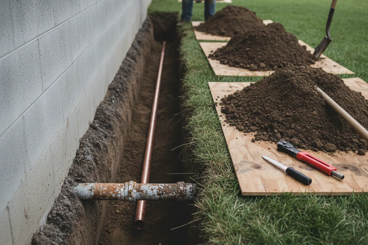 Excavated water line trench during Water Softener Installation in Cannel City